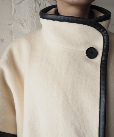 Leather Piping Stand Collar Coat IVBK