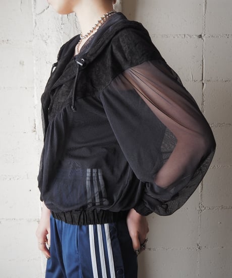 Sheer×Leather Snap Button Blouson BK