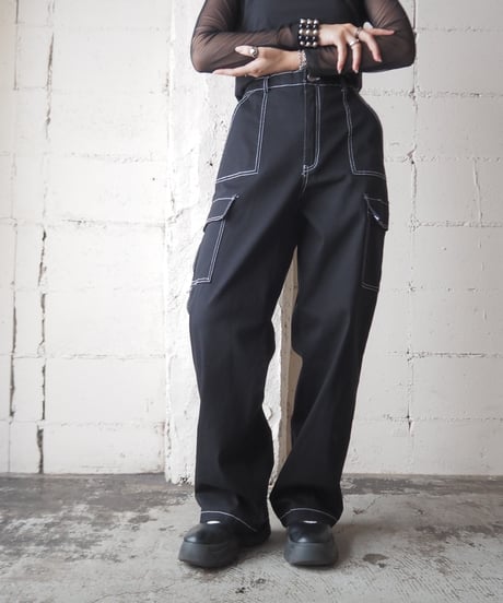 White Stitch Cargo Pants BK