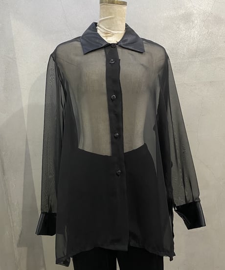 L/S Shiny Collar Sheer Shirt BK