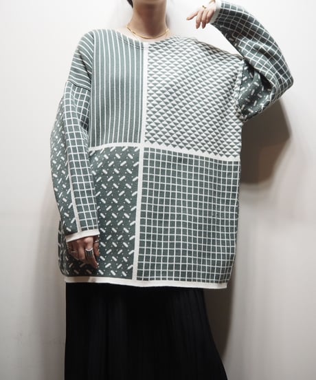 Pattern Crew Neck Cotton Knit GRWH