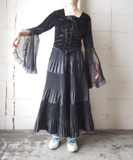 Flared Sleeve Velour Laceup Tops BK