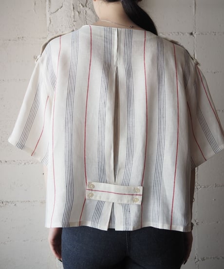 Double Button Collarless Stripe Blouse WH