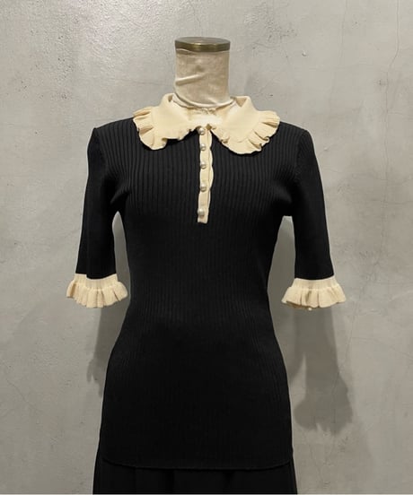 Bicolor S/S Frill Polo Rib Knit BKIV