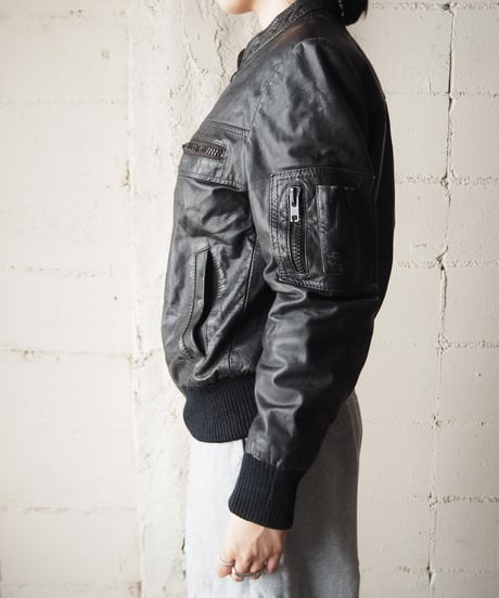 Stand Collar Many Pocket Leather Jacket BK