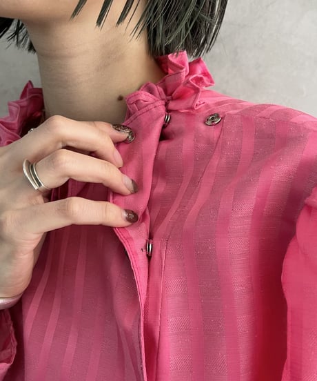 Frill Neck Stripe Front Button Design Blouse PI