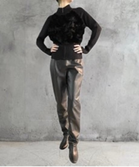 Fur × Rib Knit Zip Cardigan BK