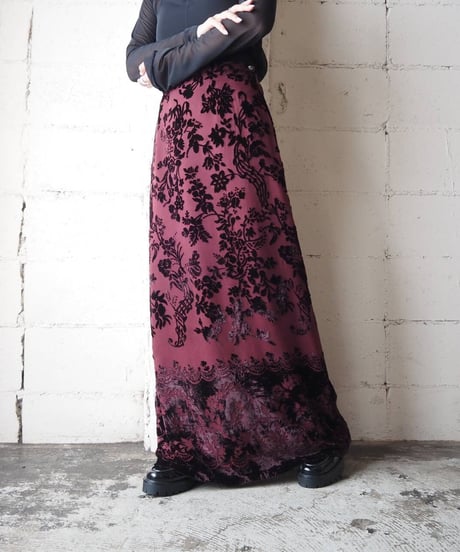 Velour × Sheer Botanical Pattern Tight Skirt BUR