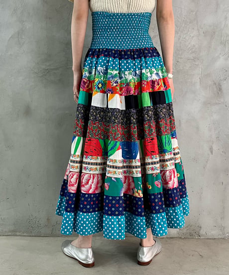 1980's Patchwork  Gather Flared Skirt BLRE