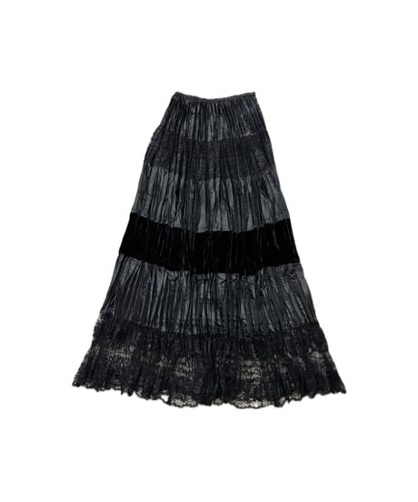 Velour × Lace Pleated Tiered Skirt BK