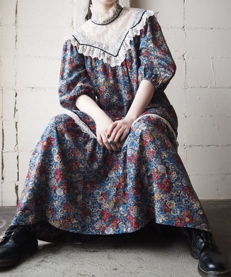 1970's Lace × Flower Pattern Dress　BLBUR