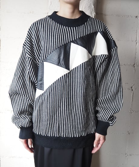 Stripe Leather Switching Knit BKWH