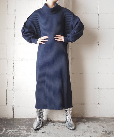 Button Sleeve Turtle Knit Dress NV