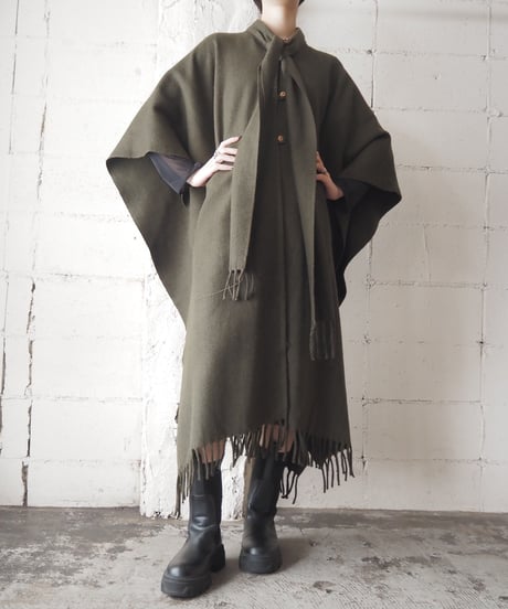 Fringe Hem Scarf Collar Cape Coat KA