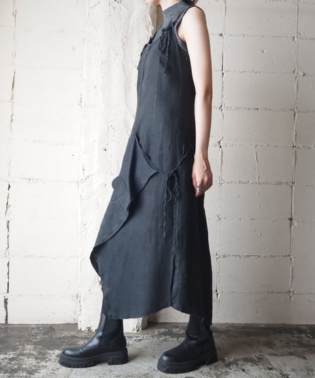 Asymmetry Design Linen Camisole Dress BK