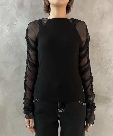 Sheer×Knit Gather Sleeve BK