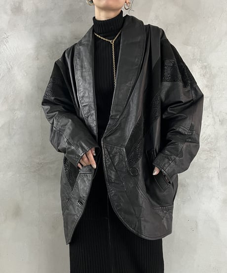 Patch Design Dolman Sleeve Leather Jacket BK