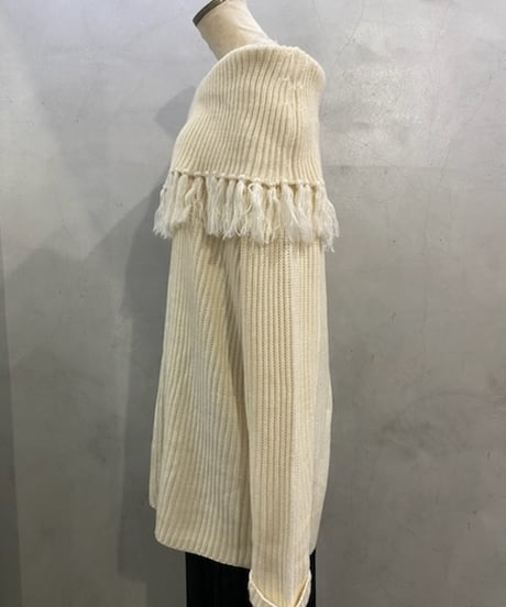 Fringe Collar Over Size Knit WH