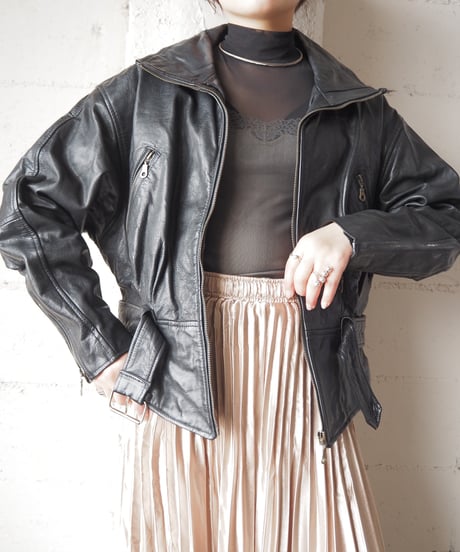 Stand Collar Zipup Leather Jacket BK