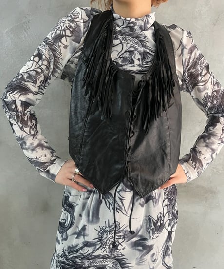 Lace Design Leather Fringe Bustier BK