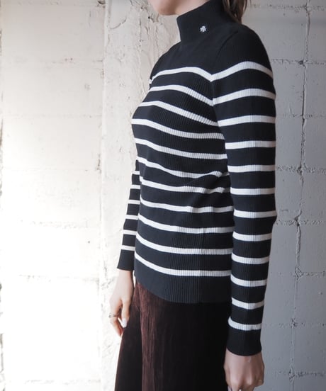 LAUREN Mock Neck Border Knit BK WH