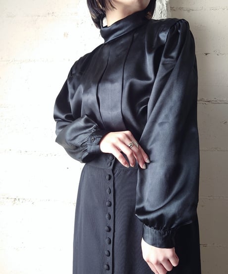Turnover Collar Front Tuck Satin Blouse BK