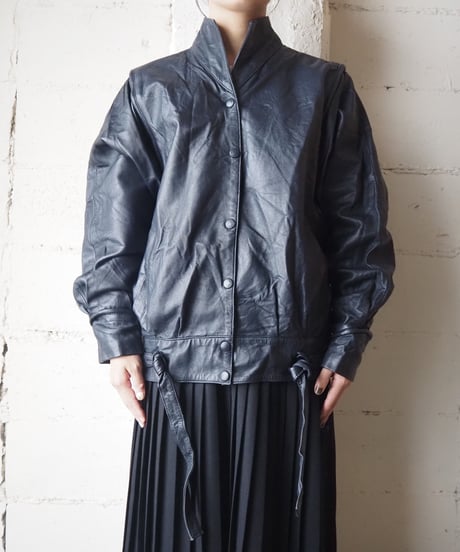 Stand Collar Belted Leather Jacket BK
