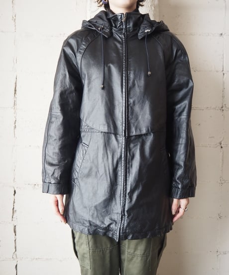 Drawstring Hooded Leather Coat BK