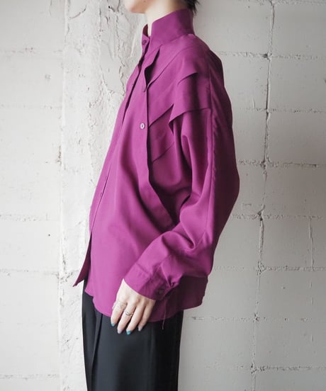 Stand Collar Shoulder Button Design Blouse PUR