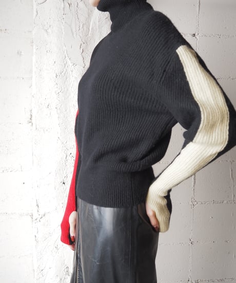 Leg of Mouton Sleeve Tricolore  High Neck Rib Sweater BKREYE
