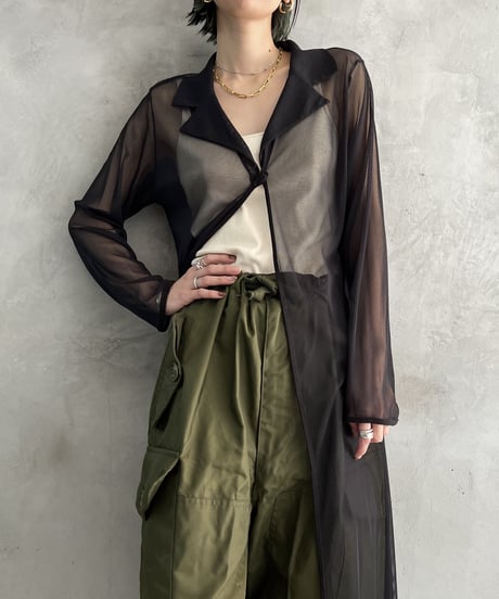 See Through Collar Long Cardigan BK