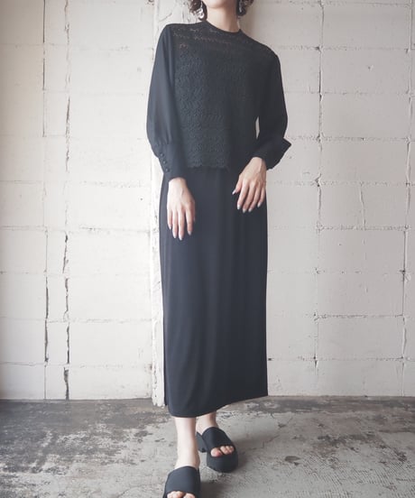EURO Lace × Sheer Collarless Blouse BK