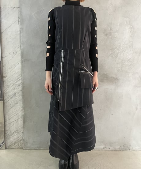 Zipper Design Stripe Pattern No Sleeve Dress BKWH