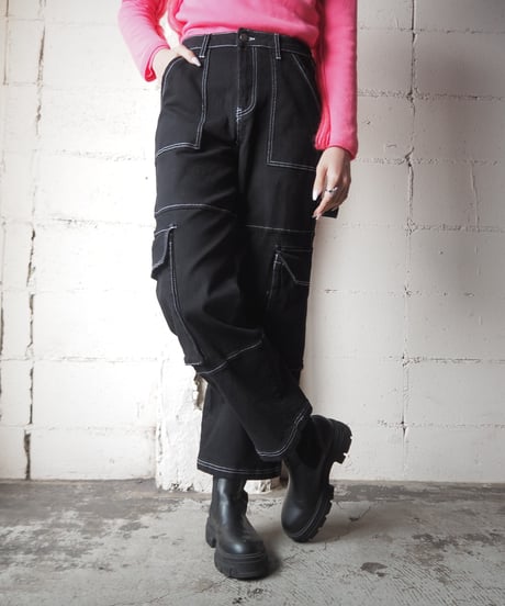 White Stitch Cargo Pants BK