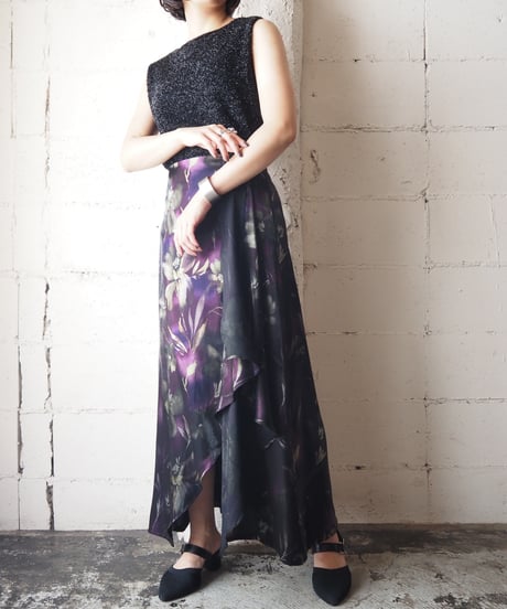 Satin Flower Pattern Side Drape Skirt BKPUR