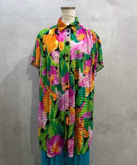 s/s Flower Sheer Shirt BK GN PI