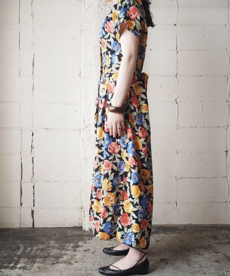 Back Shirring Flower Pattern Dress BK