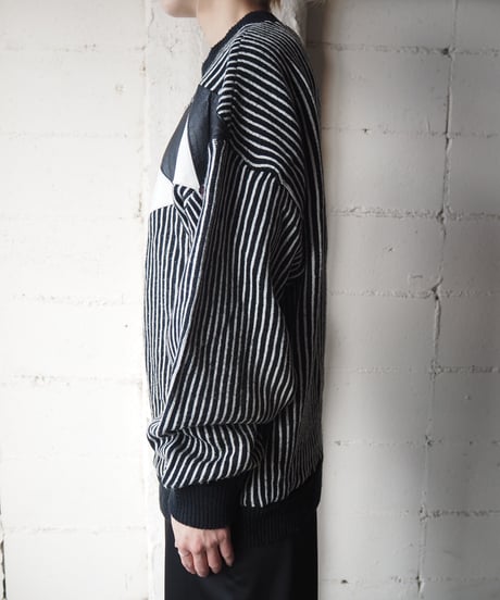 Stripe Leather Switching Knit BKWH