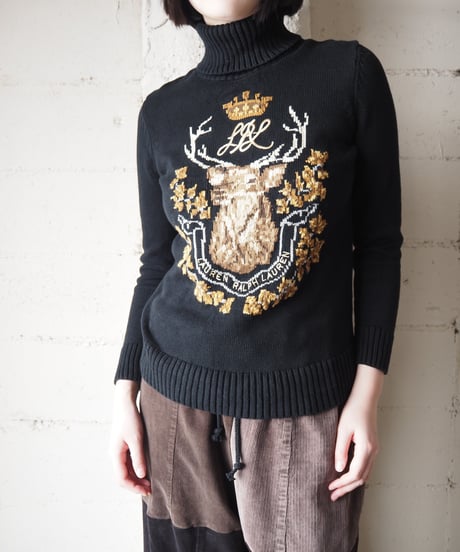 LAUREN Intarsia Deer Turtleneck Sweater BK BE YE
