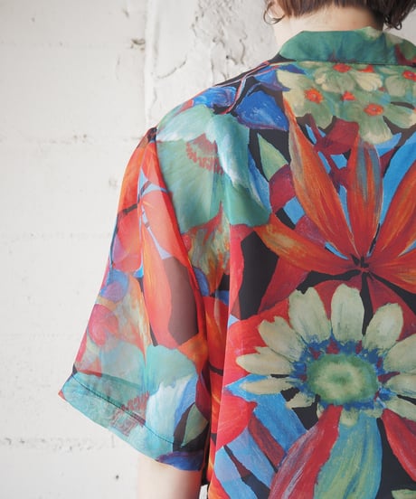 s/s Open Collar Paint Flower Pattern Sheer Shirt BK GN RE