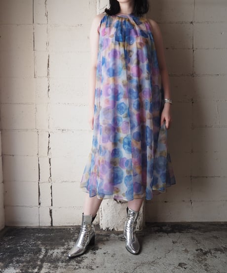 1970's Flower Pattern Sheer Layered Dress WHBLPUR