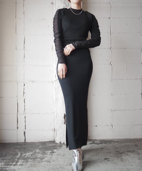 Sheer×Rib Mock Neck Knit BK