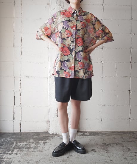Flower Print Sheer Shirt BK RE LGN