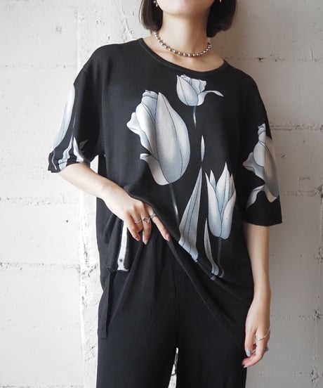 Flower Pattern s/s Silk Tee BK GRY WH
