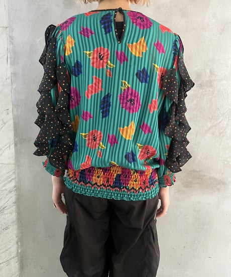 Flower×Stripe Pattern Frill Blouse BLYE