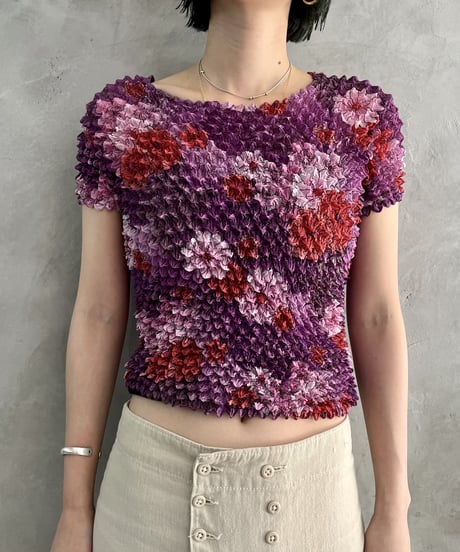 Popcorn Flower Pattern Short Sleeve Tops PURPI