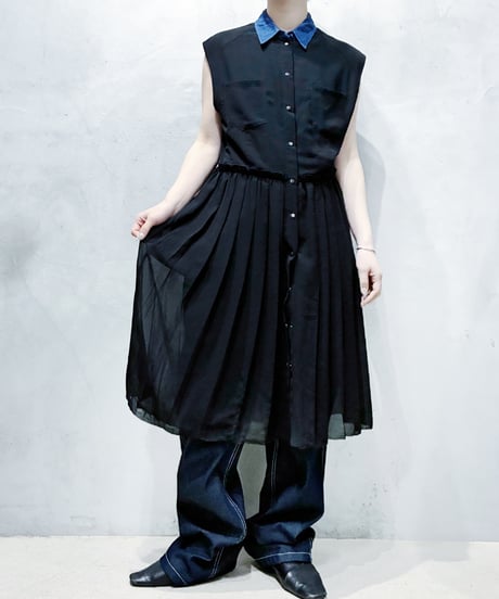 DIESEL N/S Denim Collar Sheer Pleats Dress BK