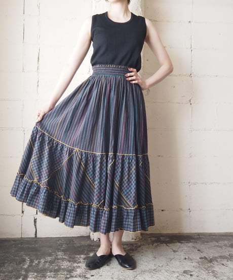 Stripe × Check Tiered Skirt BK
