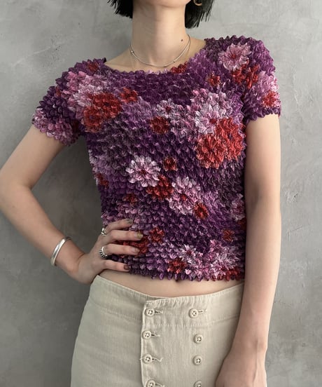Popcorn Flower Pattern Short Sleeve Tops PURPI