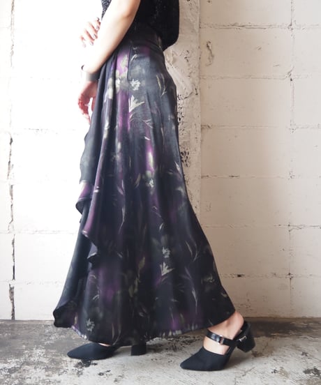 Satin Flower Pattern Side Drape Skirt BKPUR